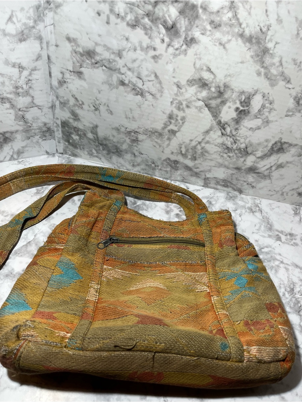 Vintage 80s Canyon Sky Boho Woven Tote Bag in Mustard with Teal Accents
